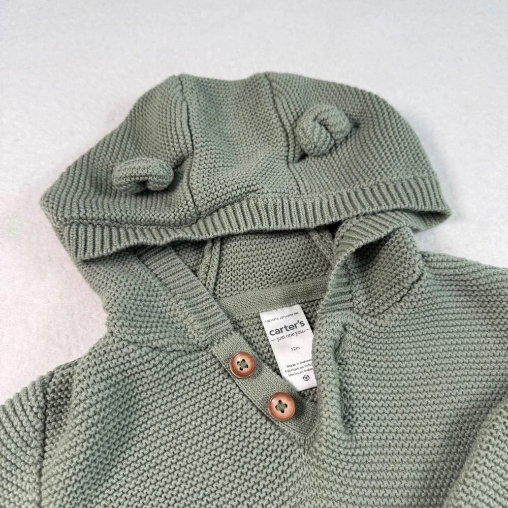 Carters  12M Green Knit Hoodie and Pants Set Bear Ears 2pc